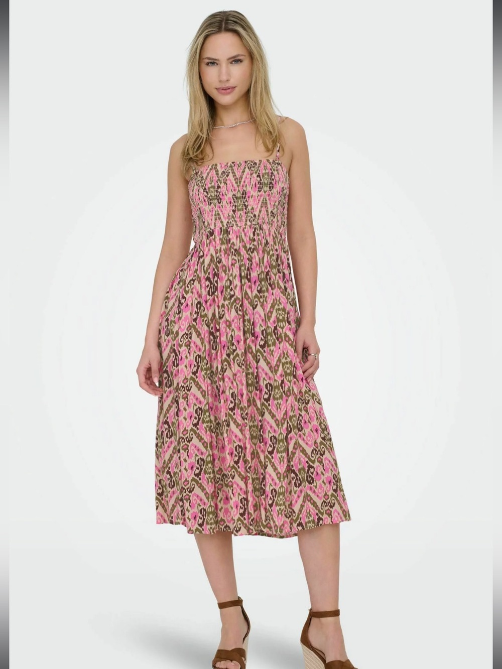 New JDY JDYBREE Sz Large Beige Pink Women’s Day Smock Strappy Midi Dress Ret $75